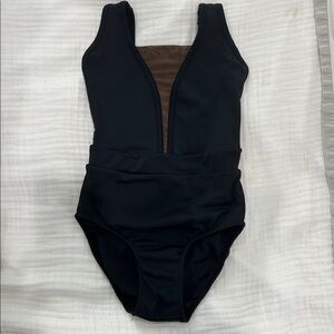 Tiger Friday dance leotard, black with bronze colored mesh detail.